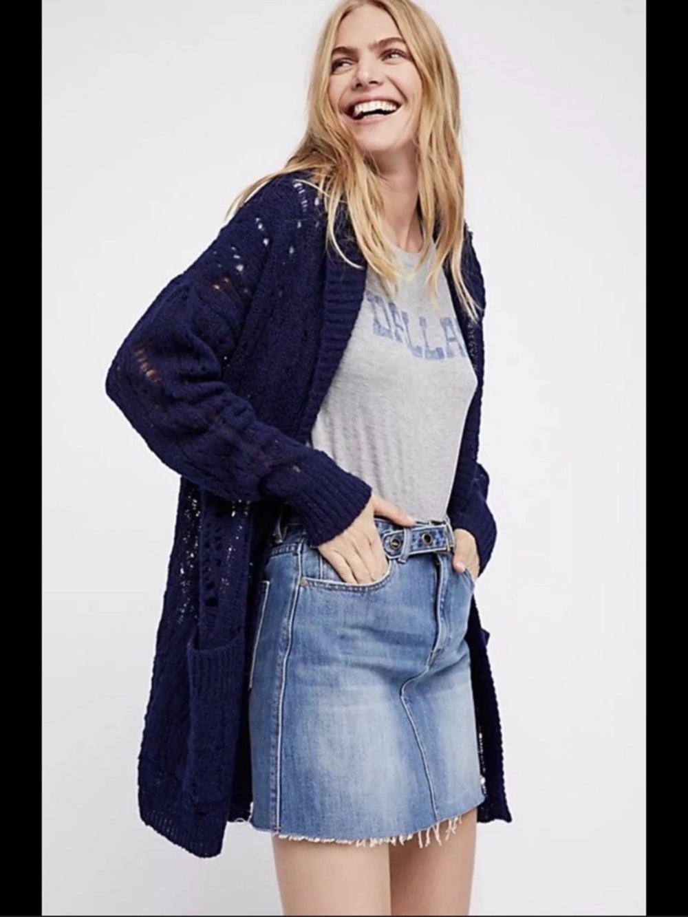 Free People Open-Front Navy Knit Women's Alpaca Cardigan Sweater